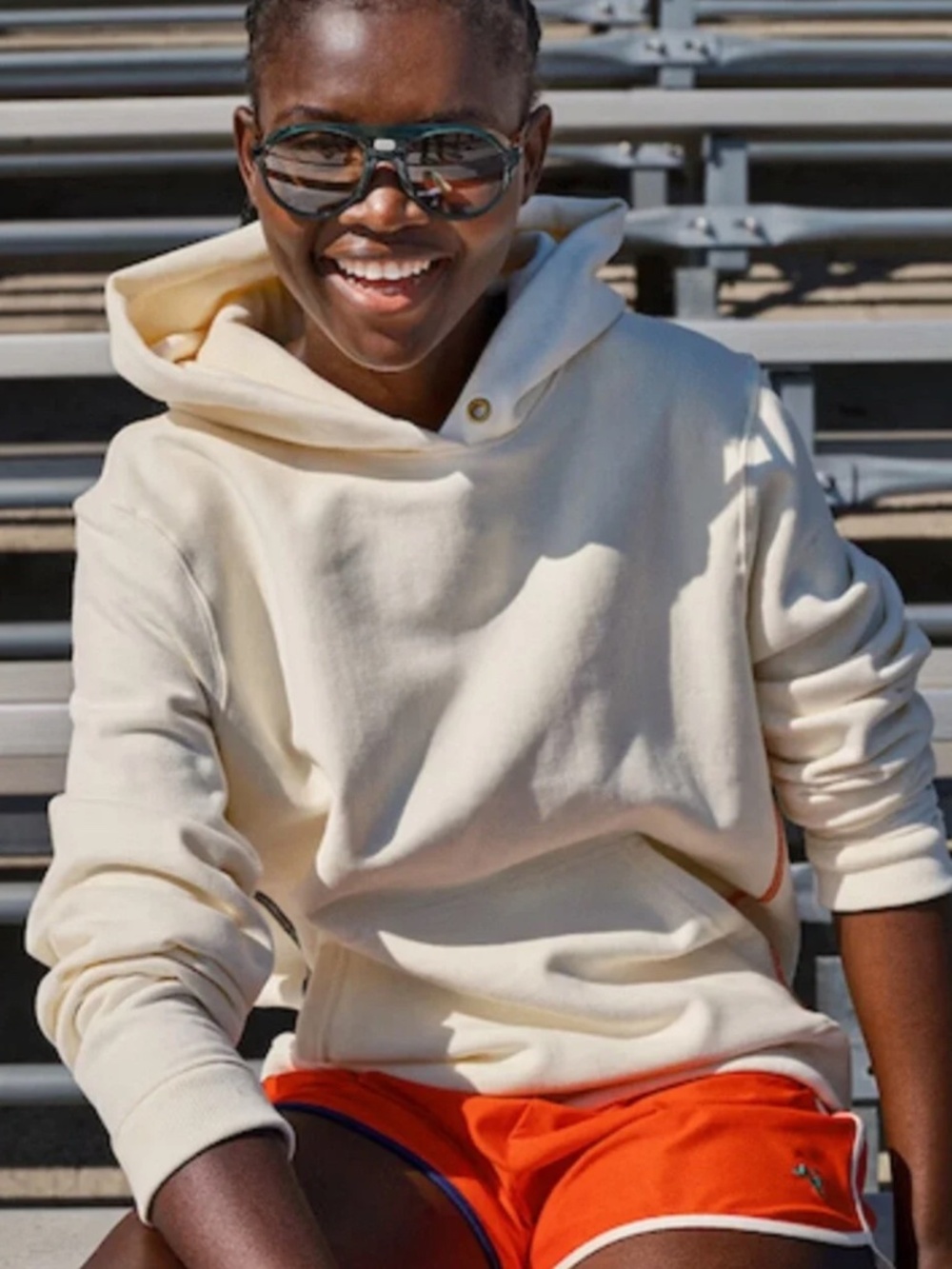 Tracksmith x Clare V Hoodie in Ivory, Pullover, Orange Contrast Stitch, Sz Small